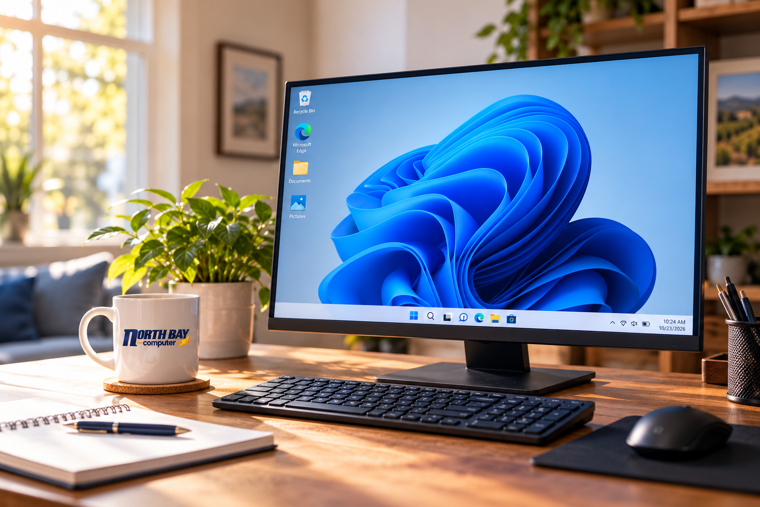 Cozy home office with Windows 11 desktop computer